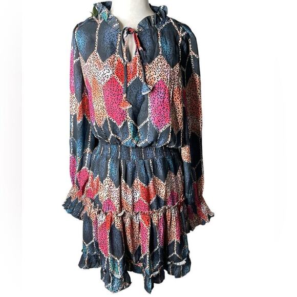 Mulla Long Sleeve Multicolor Animal Print Mini tiered Dress Medium Pink & Blue - Picture 1 of 15